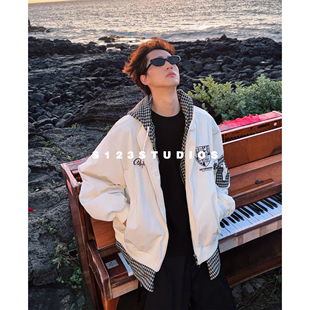 S123【叠境格韵】美式贴布刺绣字母假两件连帽夹克外套开衫