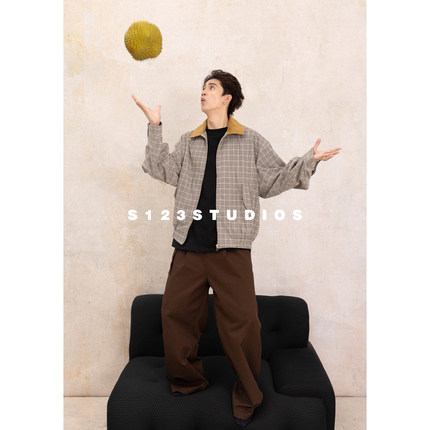 S123 灯芯绒领撞色格纹短款夹克外套男宽松复古上衣