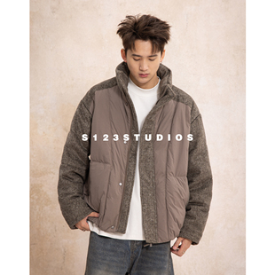 S123冬季 90鹅绒立领拼接加厚羽绒服男复古痞帅保暖百搭外套 美式