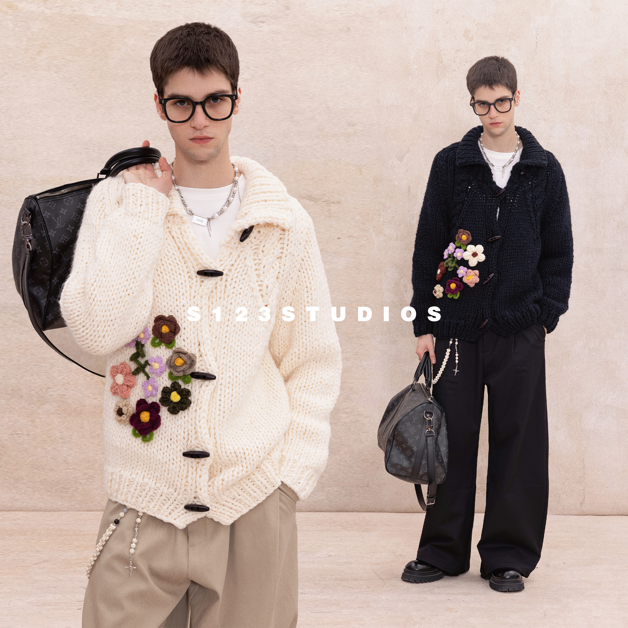 手工立体钩花羊毛针织衫