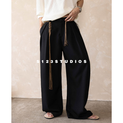 S123老钱风高级感直筒垂感长裤串珠腰绳松弛感宽松百搭休闲裤