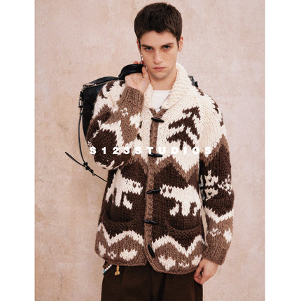 S123 牛角扣羊毛毛衣男秋冬新款宽松重磅手工编织撞色针织开衫