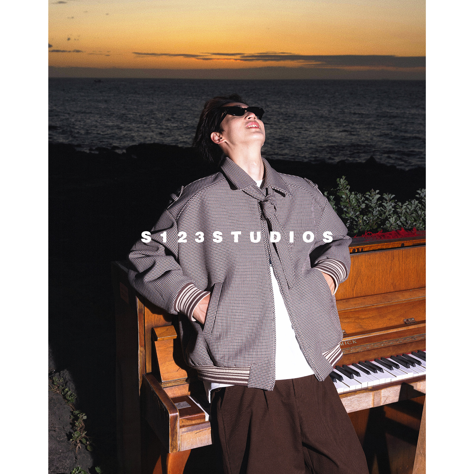 S123千鸟格可拆卸领结条纹拼接复古夹克上衣外套,男装,衬衫,淘宝优惠券,粉丝福利购,淘宝优惠卷