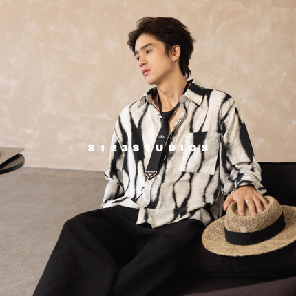 S123古巴领度假风水墨晕染印花衬衫外套男宽松百搭廓形长袖开衫