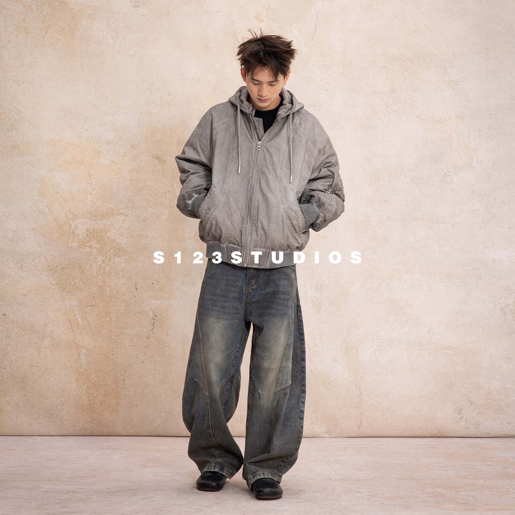 S123 90白鸭绒美式休闲简约做旧羽绒服男宽松百搭工装夹克棉服