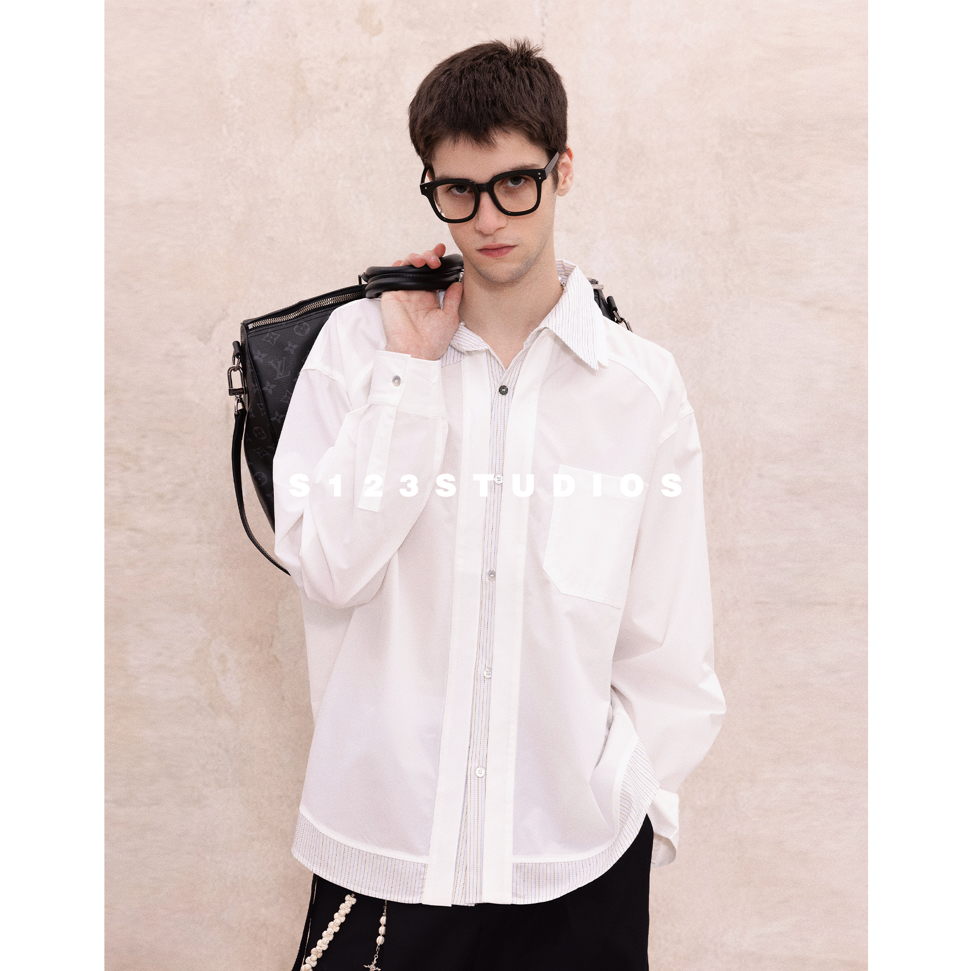 春季新款条纹拼接双领衬衫