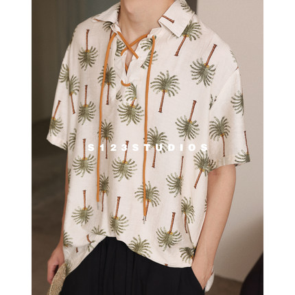 S123夏威夷海边椰树印花短袖衬衫男夏季复古系绳翻领百搭情侣上衣
