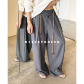 男休闲裤 S123秋季 老钱风随性串珠腰绳直筒垂感阔腿长裤 子