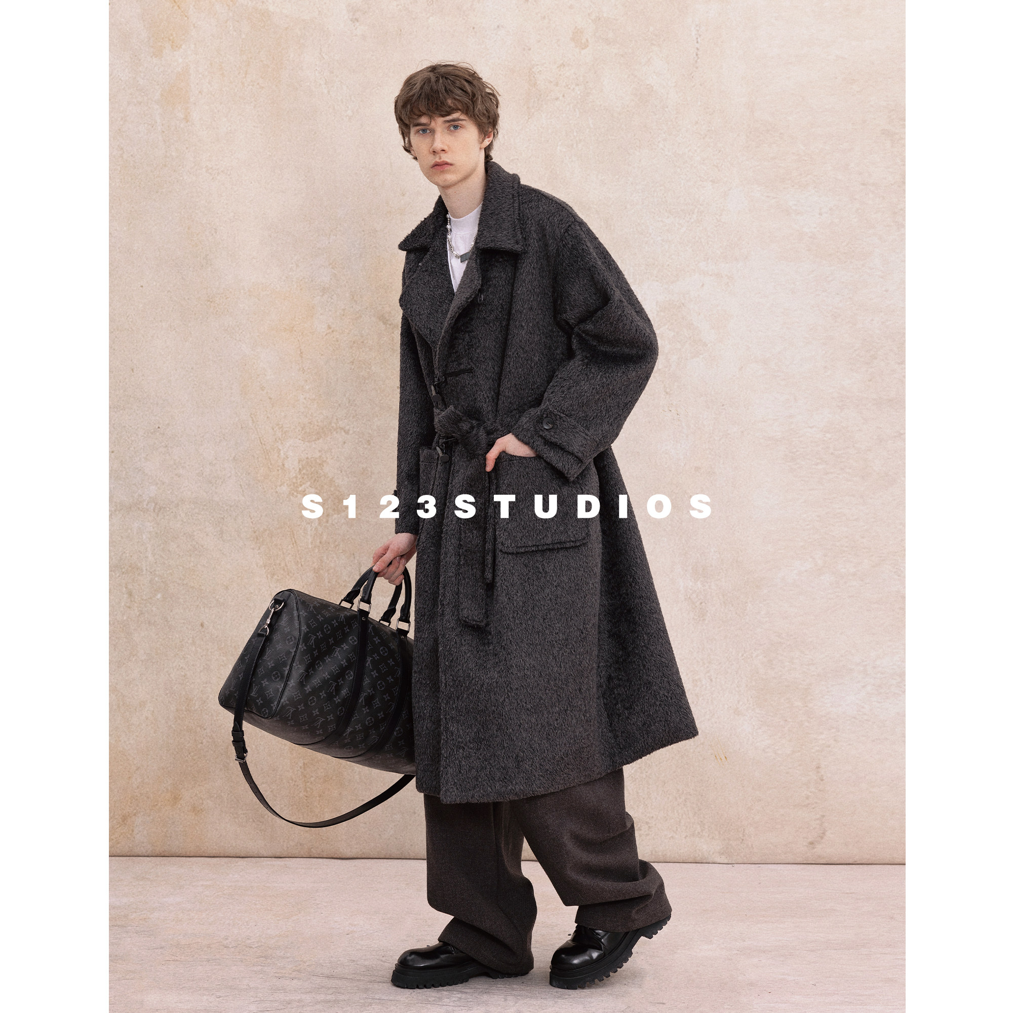 S123 冬季美式复古中长款牛角扣毛呢大衣小众设计高级高宽松外套,男装,毛呢大衣,淘宝优惠券,粉丝福利购,淘宝优惠卷