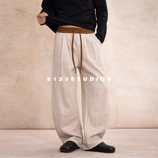 S123人字纹醋酸羊毛拼接撞色弯刀休闲裤 男秋冬加绒保暖抽绳长裤