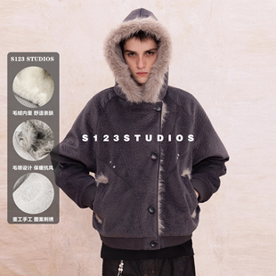 S123云陀绒座山雕 国潮解构剪裁设计夹克刺绣印花宽松加厚外套男