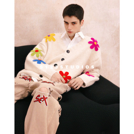 S123【柔织缀花】彩色立体手工钩花V领开衫毛衣慵懒宽松百搭外套