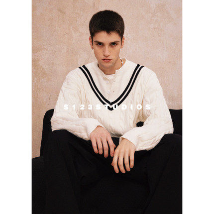 S123美式休闲学院风假V领撞色条纹针织毛衣男女宽松百搭上衣外套