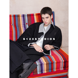 S123 假两件拼接撞色双层领夹克外套男韩系设计感痞帅宽松上衣潮