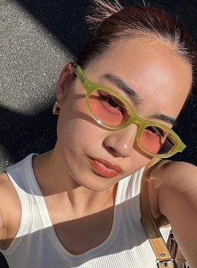 小框椭圆辣妹墨镜女 跨境复古Y2k千禧眼镜素颜凹造型绿色太阳镜潮