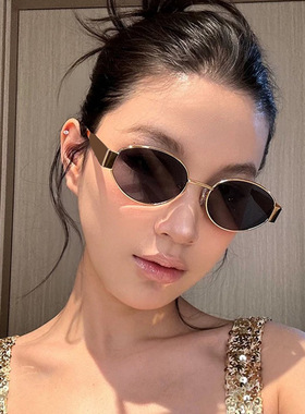 新款复古美式金属椭圆太阳镜女欧美猫眼小框高级感太阳眼镜潮