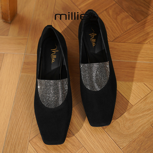 MILLIE'S/妙丽2025新款玛丽珍粗跟方头法式小皮鞋婚鞋绝美单鞋女