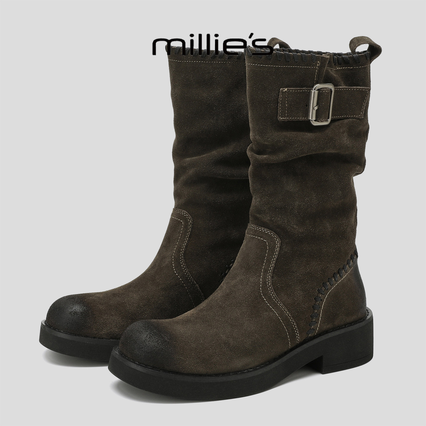 MILLIE'S/妙丽2025新款舒适加绒保暖西部牛仔靴女厚底显瘦马丁靴,女鞋,西部靴,淘宝优惠券,粉丝福利购,淘宝优惠卷