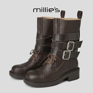 妙丽复古英伦风粗跟皮带扣机车靴高级单靴潮骑士靴冬季 MILLIE