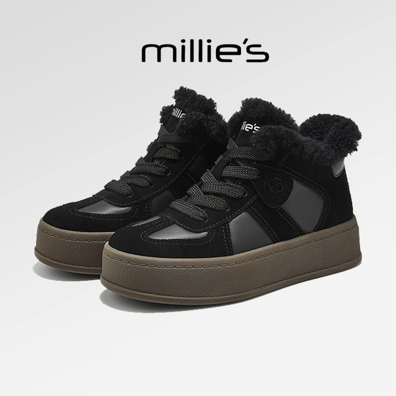 MILLIE'S/妙丽圆头厚底皮毛一体复古保暖棉鞋加绒板鞋秋冬新款