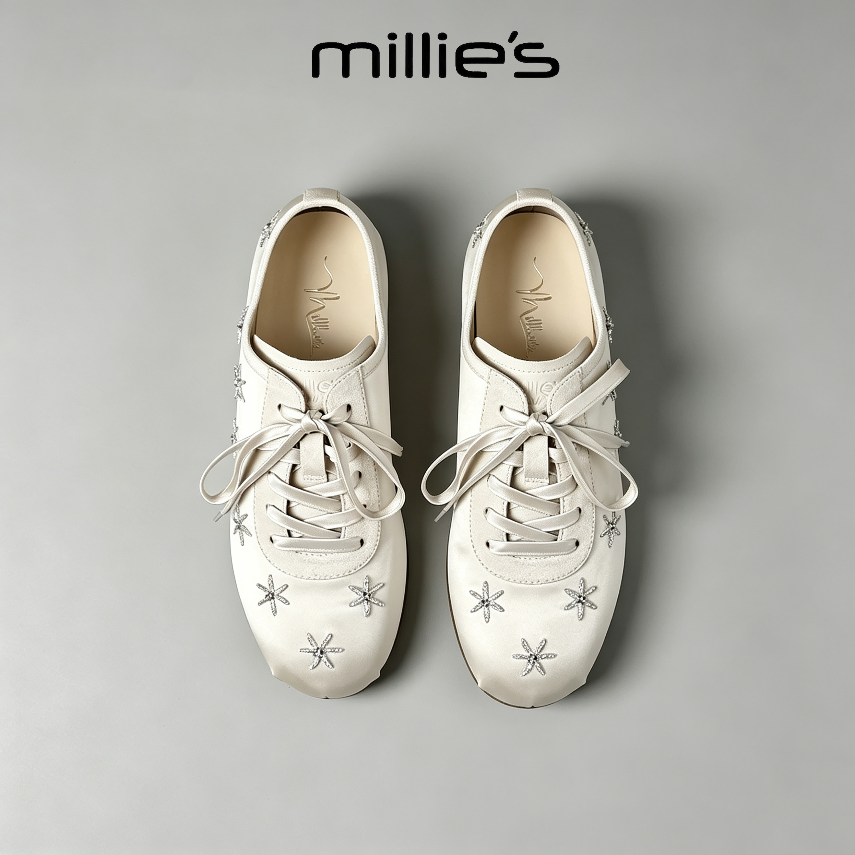 MILLIE'S/妙丽星星刺绣通勤德训鞋女米白系带休闲运动鞋百搭板鞋