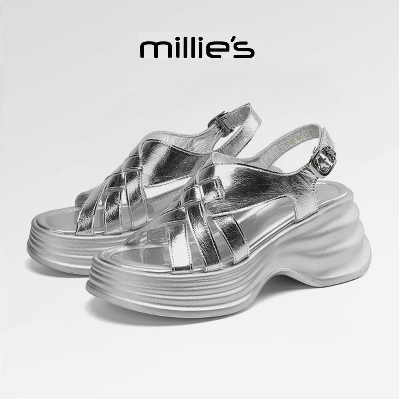 MILLIE'S/妙丽银色露趾厚底凉鞋女夏交叉带休闲显高不累脚巨好看