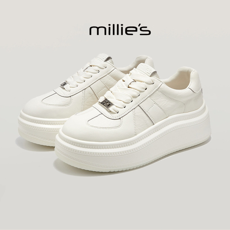 MILLIE'S/妙丽2026新款时尚百搭女士厚底增高小白鞋系带休闲鞋