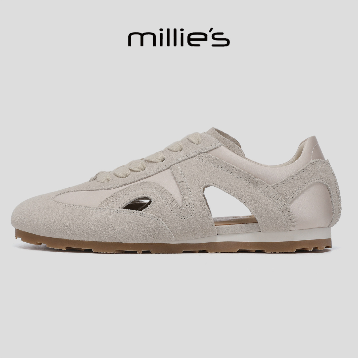 MILLIE'S/妙丽复古风镂空休闲板鞋女平底百搭舒适德训鞋不累脚