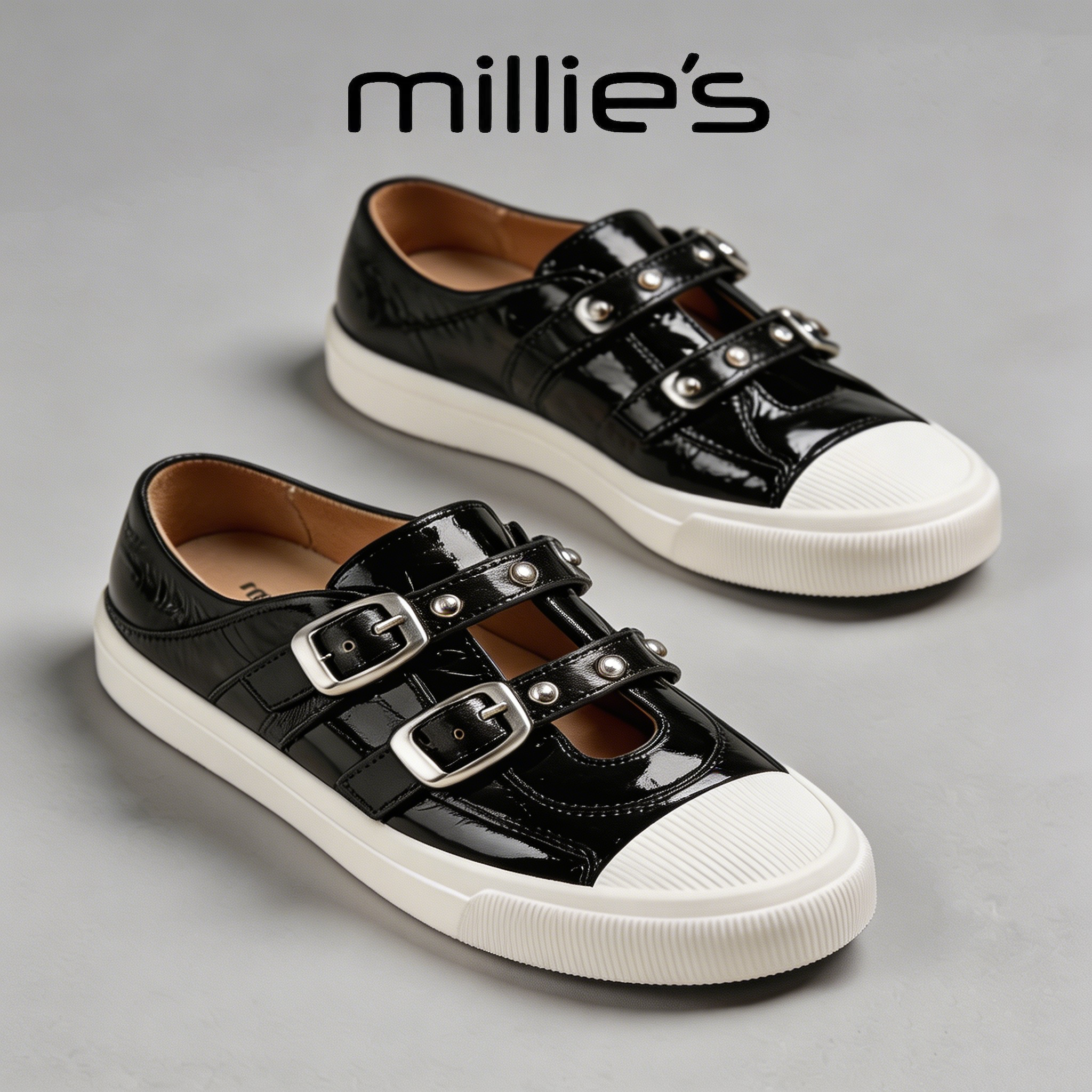 MILLIE'S/妙丽双扣铆钉银色夏季休闲鞋低帮软底百搭浅口玛丽珍鞋