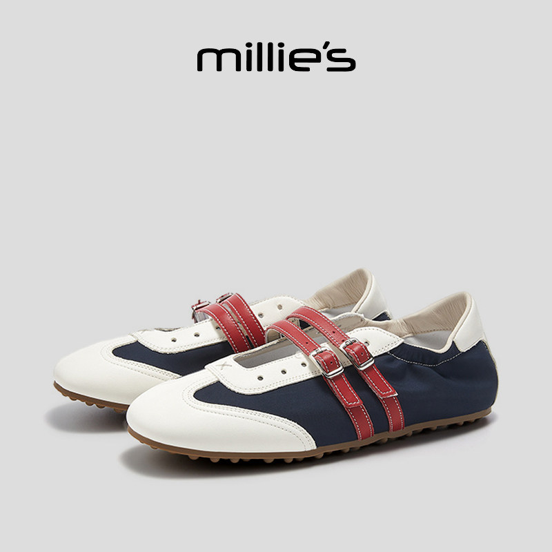 MILLIE'S/妙丽圆头平底拼色休闲运动风棒球单鞋女新款德训鞋女士