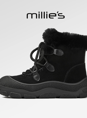 millies妙丽女鞋2025冬季新款黑色毛毛鞋厚底防滑雪地靴加绒短靴