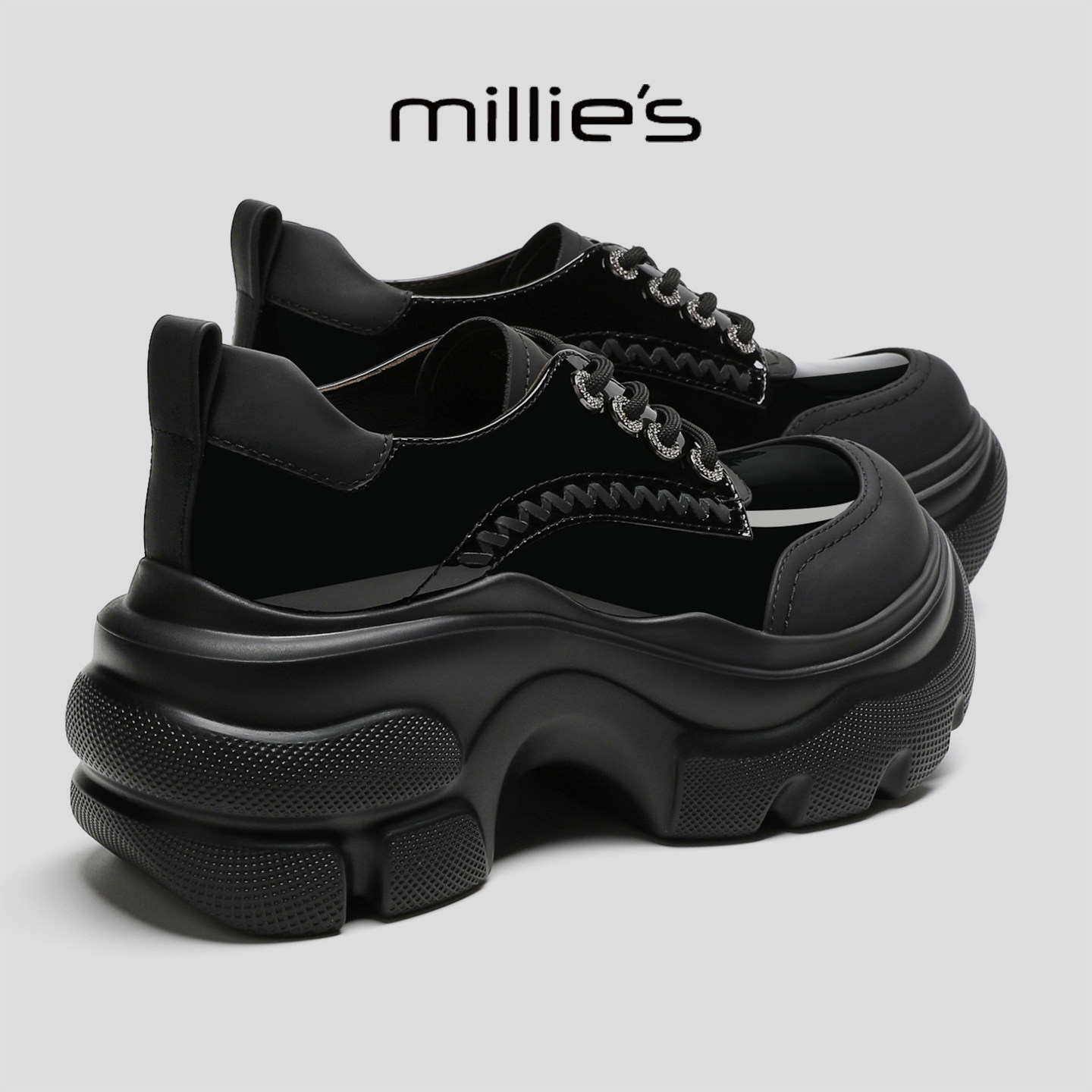 MILLIE'S/妙丽爆款黑色厚底德训鞋女2026新款小个子增高休闲鞋