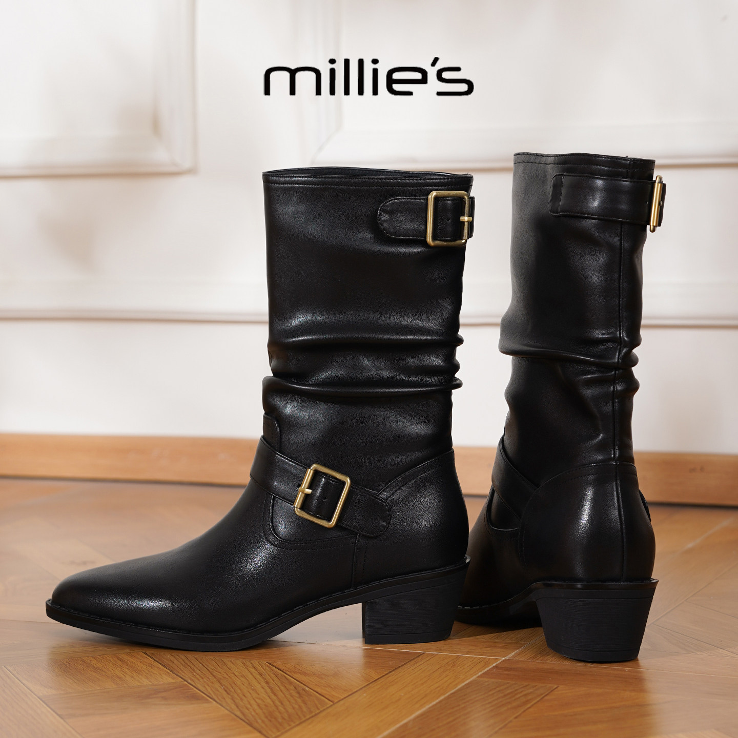 MILLIE'S/妙丽尖头粗跟女靴