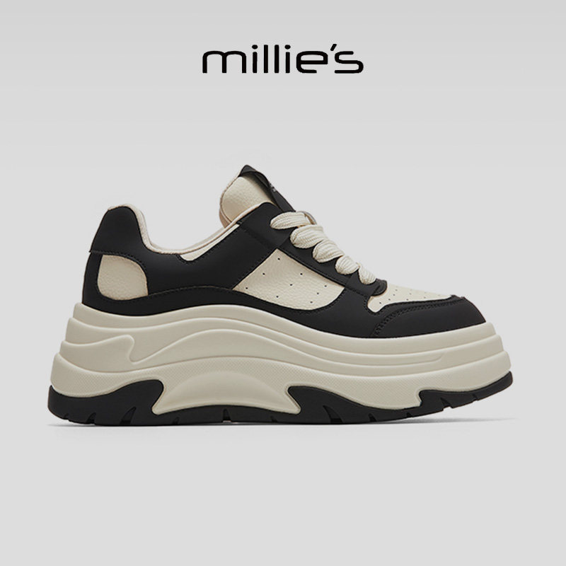 MILLIE'S/妙丽2026新款百搭拼色厚底增高小白鞋圆头女士休闲鞋