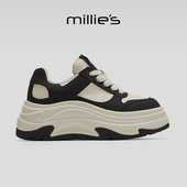 妙丽2025新款 百搭拼色厚底增高小白鞋 MILLIE 圆头女士休闲鞋