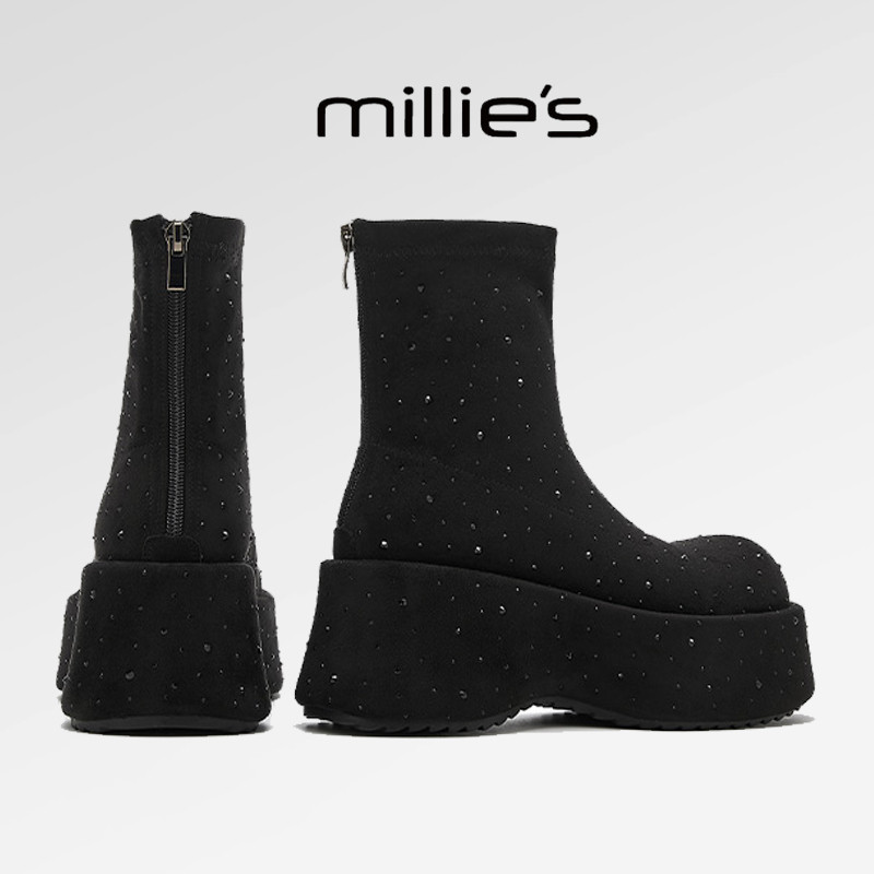 MILLIE'S/妙丽加绒马丁靴短筒厚底增高设计感磨砂水钻短靴冬季