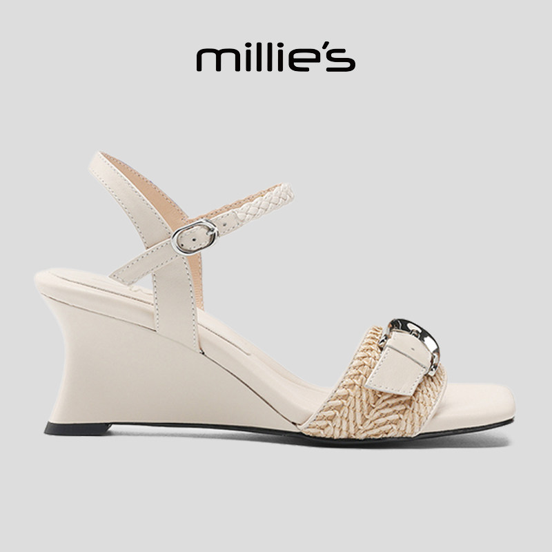 MILLIE'S/妙丽小方头坡跟法式仙女风配公主裙时尚复古简约凉鞋女,女鞋,时装凉鞋,淘宝优惠券,粉丝福利购,淘宝优惠卷