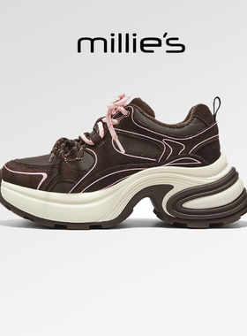 millies妙丽2025新款老爹鞋厚底双色绑带独特加绒女款运动休闲鞋