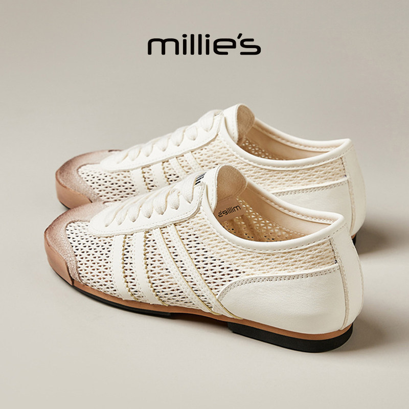 MILLIE'S/妙丽圆头平底美拉德风软底网面透气简约百搭休闲板鞋女,女鞋,德训鞋,淘宝优惠券,粉丝福利购,淘宝优惠卷