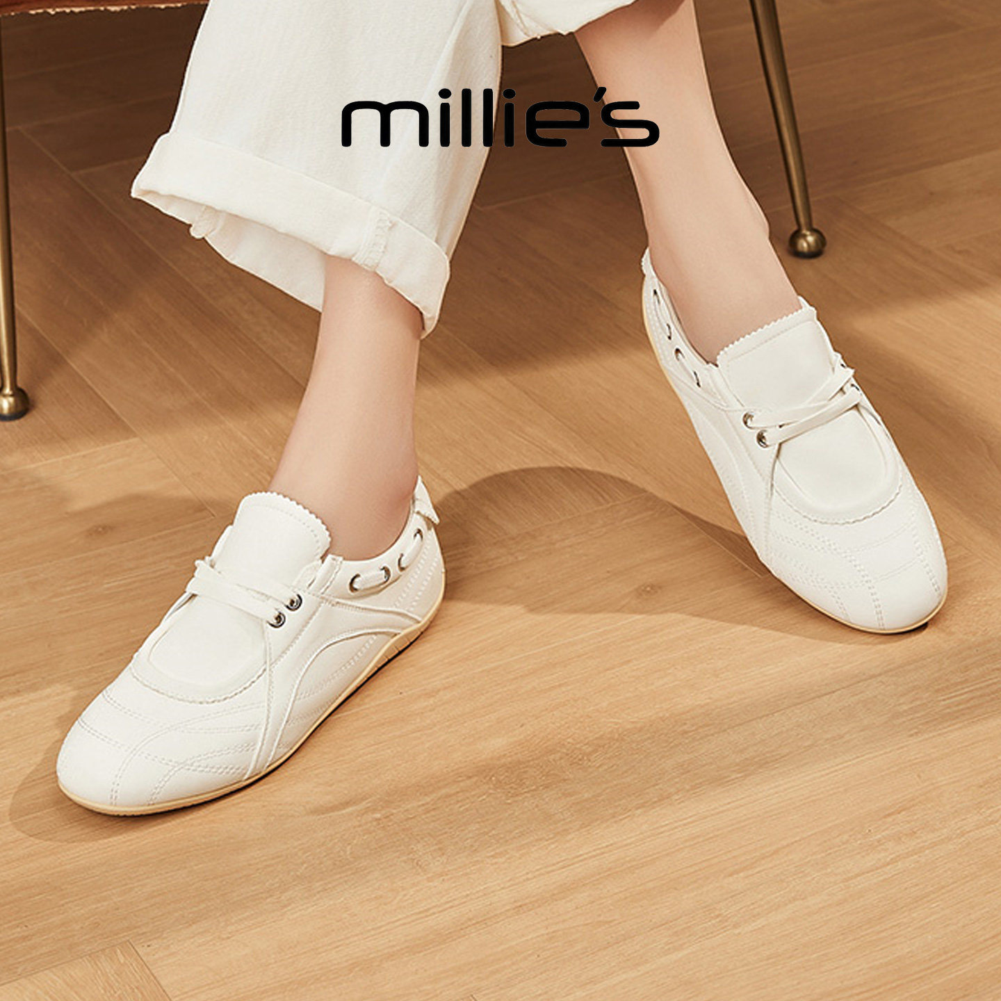 MILLIE'S/妙丽白色德训鞋女百搭轻便软底休闲运动平底鞋不累脚