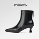 millies妙丽 秋冬季 尖头方跟短靴 洋气牛皮日常通勤切尔西女靴