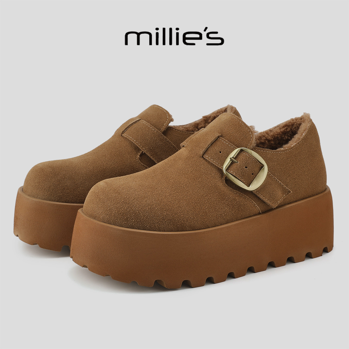 MILLIE'S/妙丽潮流增高厚底勃肯鞋女加绒保暖一脚蹬反绒皮休闲鞋