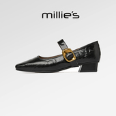 millies妙丽法式 软底增高一字扣小皮鞋 优雅真皮玛丽珍鞋 女新款
