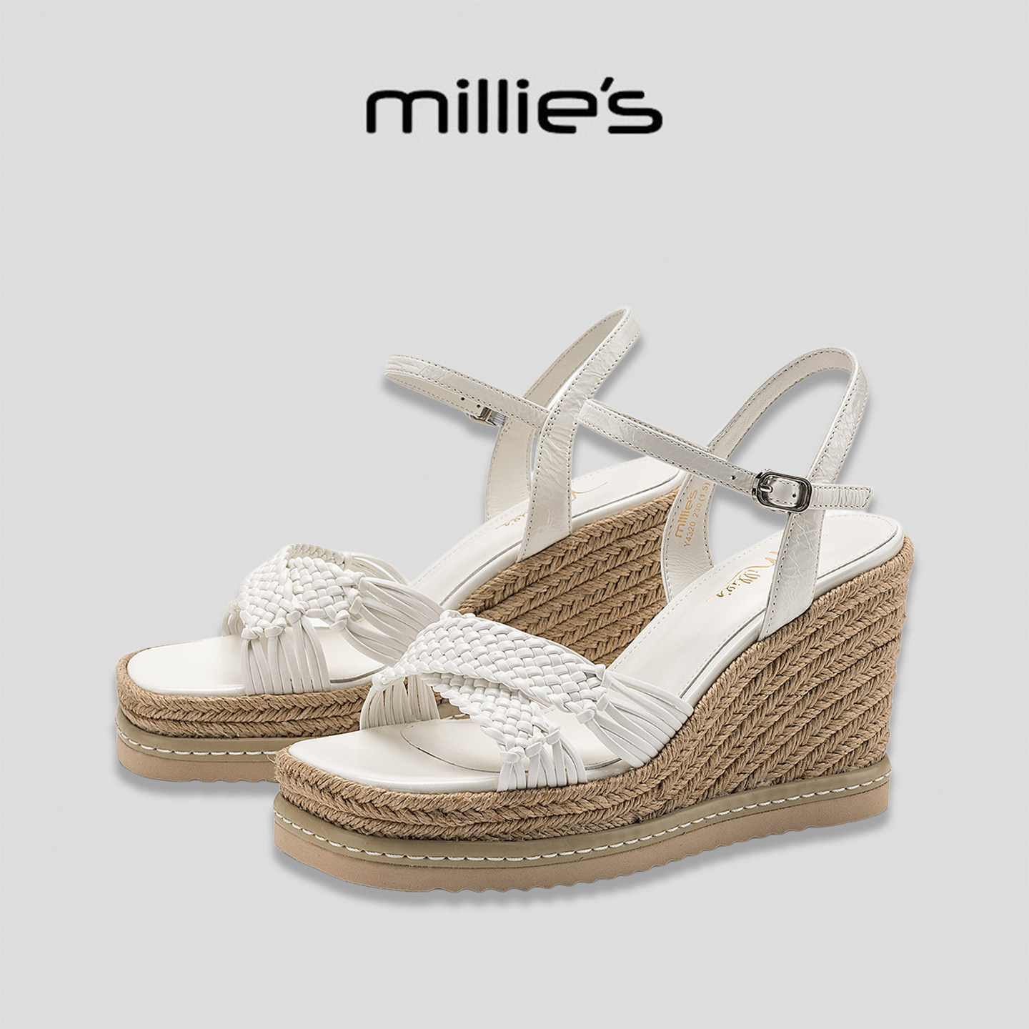 MILLIE'S/妙丽度假风编织坡跟一字带凉鞋女季麻绳仙女时尚增高鞋G