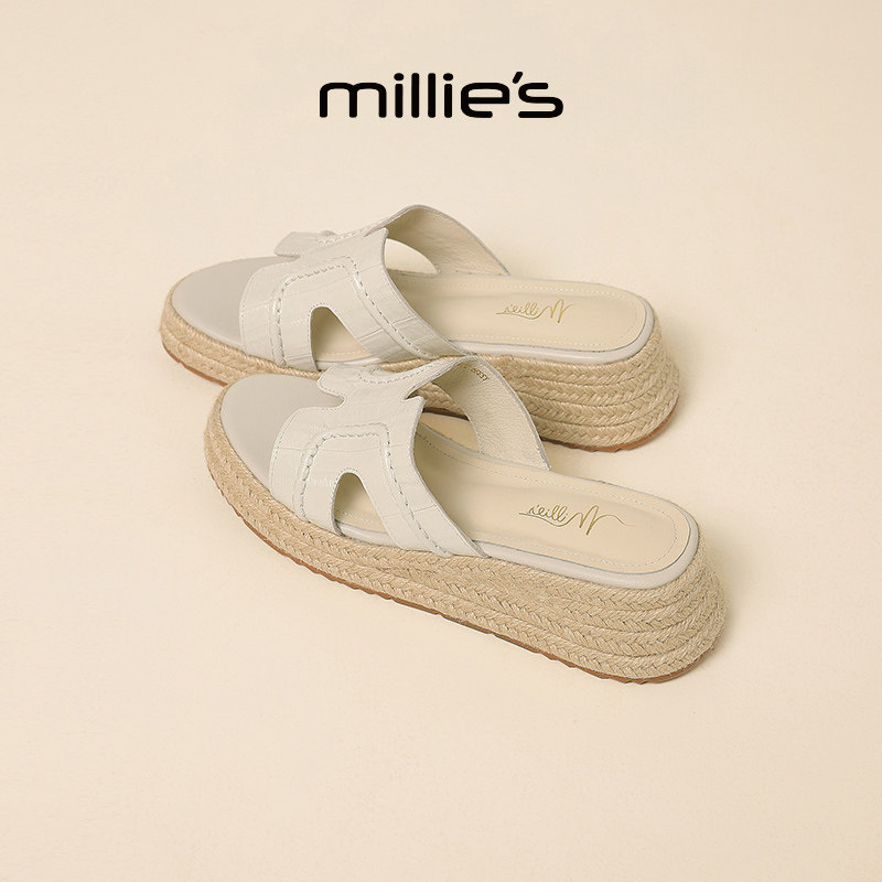 MILLIE'S/妙丽圆头厚底一脚蹬懒人外穿复古设计感时尚休闲拖鞋女,女鞋,一字拖,淘宝优惠券,粉丝福利购,淘宝优惠卷