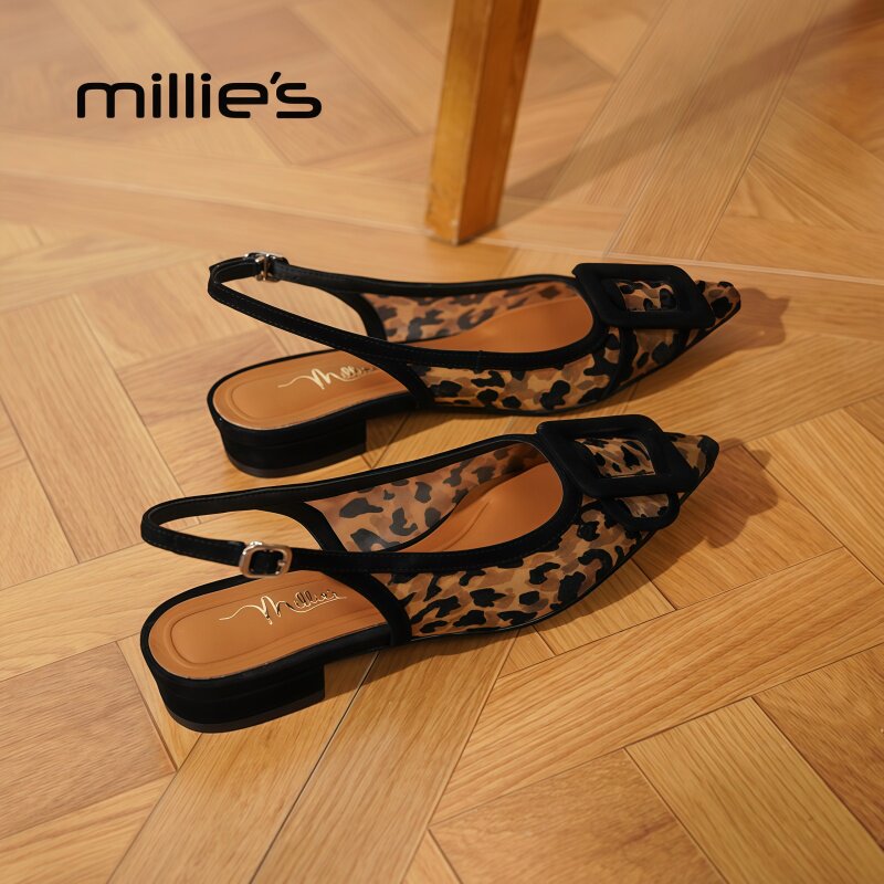MILLIE'S/妙丽尖头平底一脚蹬豹纹个性优雅气质时尚百搭浅口单鞋
