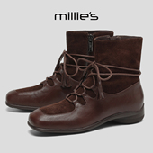 MILLIE 妙丽真皮系带拼接加绒短靴秋冬厚底骑士靴瘦瘦靴马丁靴
