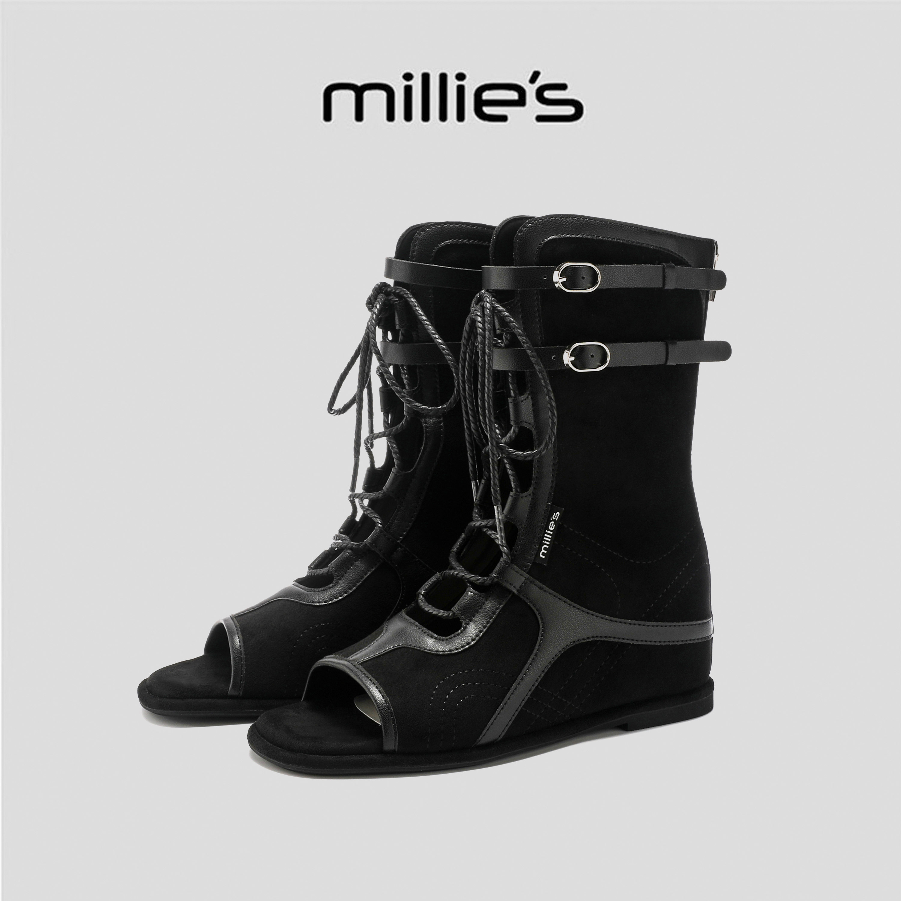 MILLIE'S/妙丽女夏季2026高帮系带罗马绑带凉靴女生夹趾坡跟凉鞋
