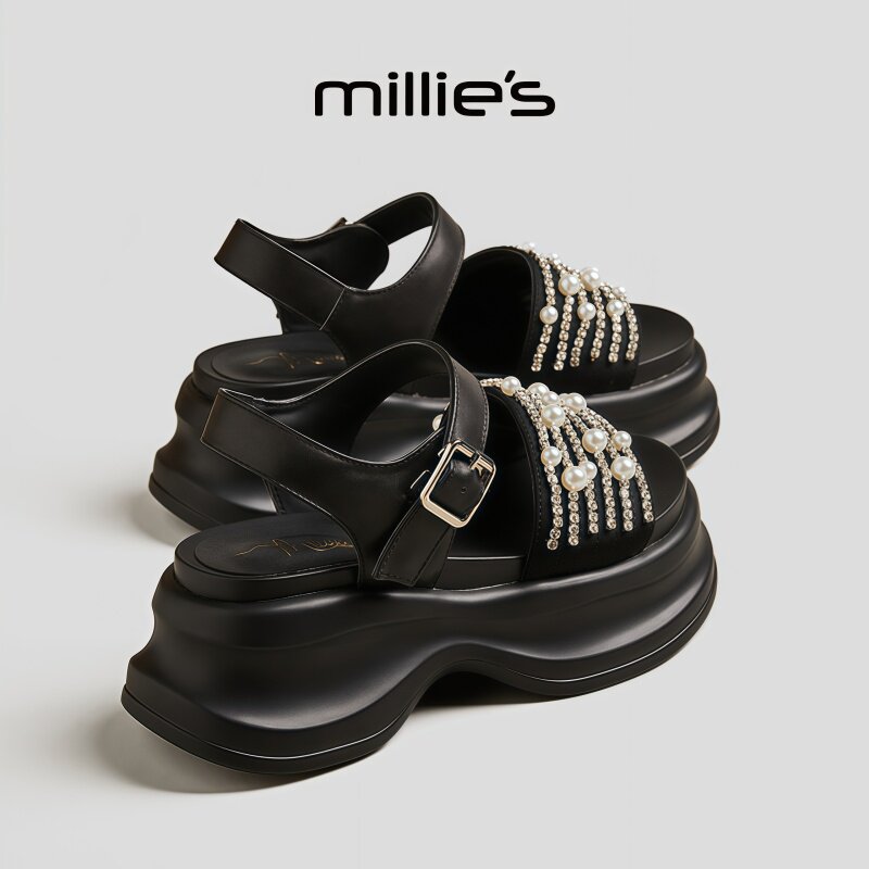 MILLIE'S/妙丽露趾厚底珍珠水钻链日常通勤时尚百搭休闲凉鞋女