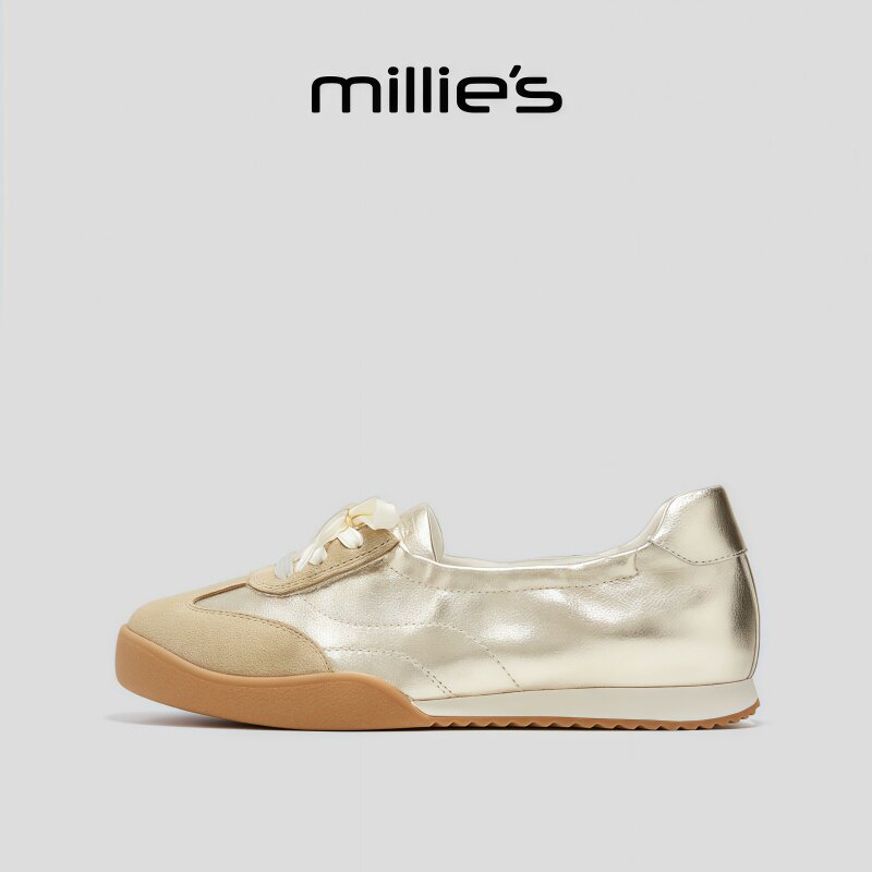 MILLIE'S/妙丽金色德训鞋女复古芭蕾风休闲运动鞋轻便透气老爹鞋